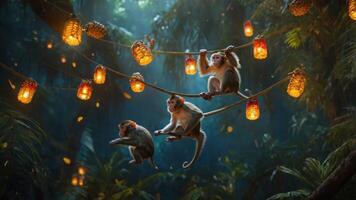 Three monkeys play among glowing lanterns in a lush jungle setting. photo