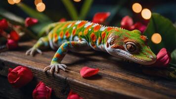 A vibrant gecko rests among rose petals, showcasing its colorful scales in a serene setting. photo