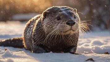 A playful otter emerging from the snow, showcasing its fur and whiskers in a winter setting. photo