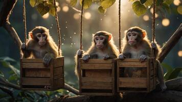 Three monkeys sitting in wooden crates on a tree branch, surrounded by a serene forest setting. photo