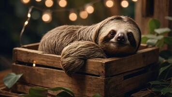 A sloth resting comfortably in a wooden crate, surrounded by greenery and soft lights. photo
