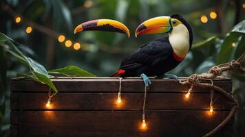 A colorful toucan perched on a wooden box surrounded by greenery and fairy lights. photo