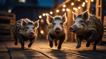 Three playful pigs running on a wooden deck illuminated by string lights at dusk. photo