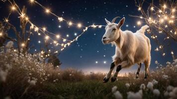A goat joyfully leaps through a starry night, surrounded by twinkling lights in a serene landscape. photo