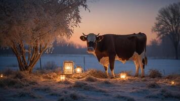 A serene winter scene featuring a cow beside lanterns in a snowy landscape at dusk. photo