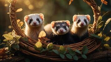 Three ferrets in a woven basket surrounded by leaves, illuminated by soft sunlight. photo