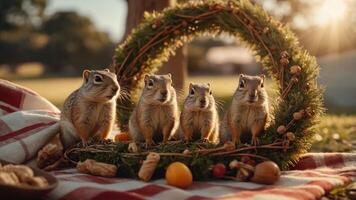 Four squirrels arranged in a wreath on a picnic blanket in a sunny outdoor setting. photo
