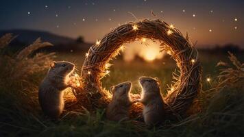 Three small rodents gather around a glowing wreath at sunset, creating a magical scene. photo