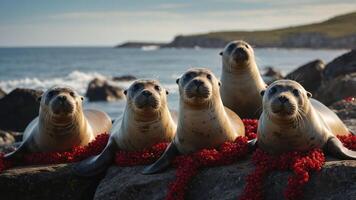 Five seals resting on rocks adorned with red seaweed by the ocean. photo