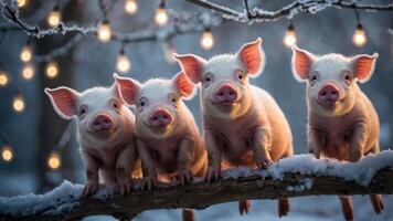 Four playful piglets sitting on a snowy branch adorned with glowing lights. photo