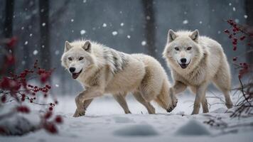Two white wolves walking through a snowy landscape with falling snowflakes and red berries. photo