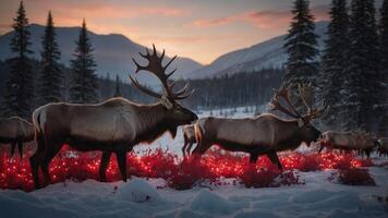 A serene winter landscape featuring elk grazing amidst red foliage and snow at sunset. photo