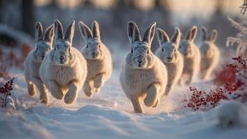 A group of rabbits running through a snowy landscape, creating a serene winter scene. photo