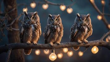 Three owls perched on a branch with glowing heart-shaped lights. photo