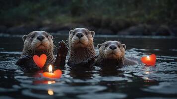 Three otters in water with floating hearts and candles, creating a whimsical, romantic scene. photo