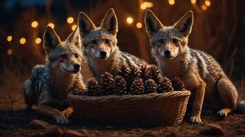 Three foxes gathered around a basket of pine cones in a warm, festive setting. photo