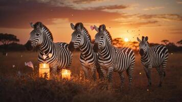 Four zebras standing in a sunset landscape with candles, creating a serene atmosphere. photo