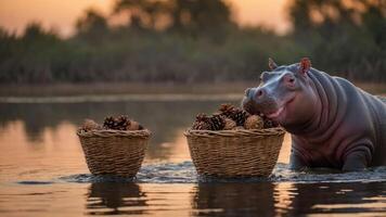 A hippo wades through water beside baskets filled with pine cones at sunset. photo