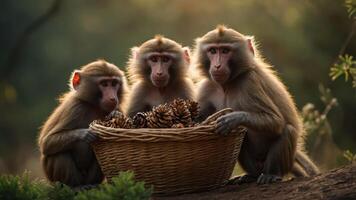 Three monkeys sitting together with a basket of pinecones in a natural setting. photo