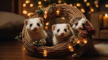 Three ferrets nestled in a festive wreath with lights and decorations. photo