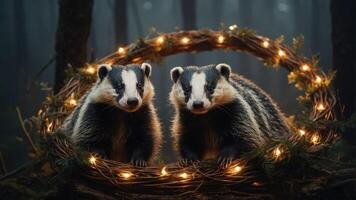 Two badgers surrounded by a wreath with lights in a misty forest setting. photo