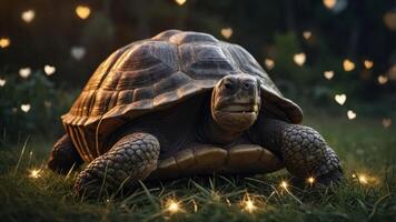 A tortoise on grass surrounded by glowing hearts, creating a whimsical atmosphere. photo
