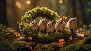 A group of chipmunks nestled in a mossy wreath surrounded by flowers in a forest setting. photo