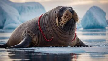 A walrus adorned with red beads rests on ice in a serene Arctic landscape. photo