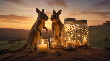 Two kangaroos near illuminated jars at sunset, creating a warm, tranquil atmosphere. photo