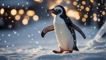 A cheerful penguin walks through snow, surrounded by soft, glowing lights in a winter scene. photo