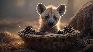 A playful hyena cub nestled in a basket surrounded by pinecones, capturing a serene moment. photo