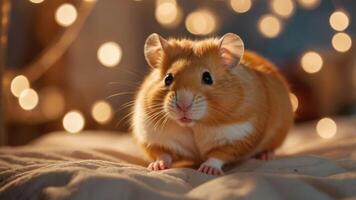 A close-up of a hamster on a soft surface with warm bokeh lights in the background. photo