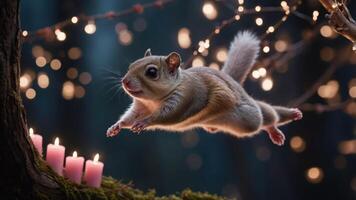 A squirrel leaps joyfully among candles and fairy lights in a magical forest setting. photo