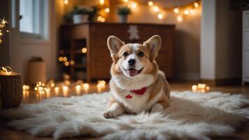 A cheerful corgi resting on a fluffy rug, surrounded by warm fairy lights. photo