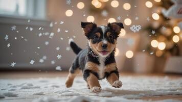 A playful puppy runs through a snowy scene with festive lights in the background. photo