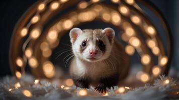 A close-up of a ferret surrounded by soft lights, creating a cozy atmosphere. photo