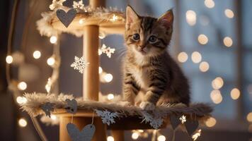 A playful kitten sits on a decorated cat tree surrounded by soft lights and festive ornaments. photo
