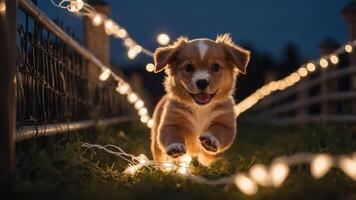 A playful puppy runs through a garden adorned with glowing fairy lights at dusk. photo