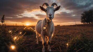 A goat stands in a field at sunset, adorned with lights and a necklace, creating a whimsical scene. photo
