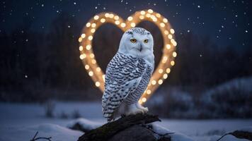 A snowy owl poses in front of a heart-shaped light display in a winter landscape. photo