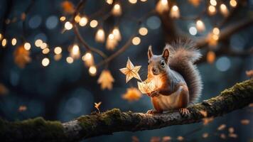 A whimsical squirrel holding a star on a branch surrounded by glowing lights in a forest. photo