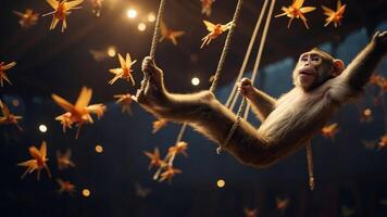 A playful monkey swings amidst colorful butterflies in a whimsical setting. photo