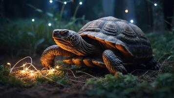 A turtle exploring a garden illuminated by soft lights at night. photo