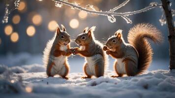 Three squirrels play with a pine cone in a snowy forest, illuminated by soft, glowing lights. photo