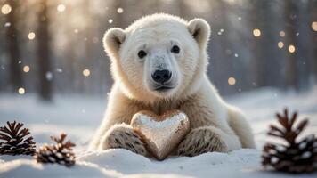 A polar bear holds a golden heart ornament in a snowy forest setting. photo
