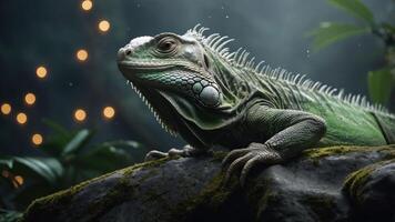 A close-up of an iguana resting on a rock amidst a lush, softly lit environment. photo