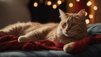 A relaxed orange cat lounging on a cozy blanket with soft bokeh lights in the background. photo