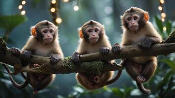 Three monkeys sitting on a branch in a lush, green forest with soft lighting. photo