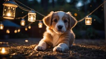 A cute puppy resting under glowing lanterns in a serene outdoor setting at dusk. photo