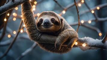 A sloth hanging on a branch adorned with glowing lights in a snowy forest setting. photo